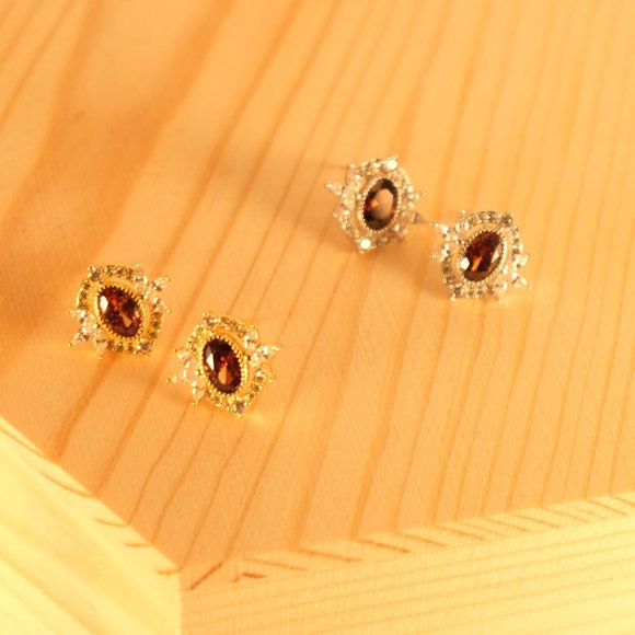 Sterling Silver Crystal Oval Stud Earrings Vintage Red Earrings Minimalist Geome - Picture 5 of 6